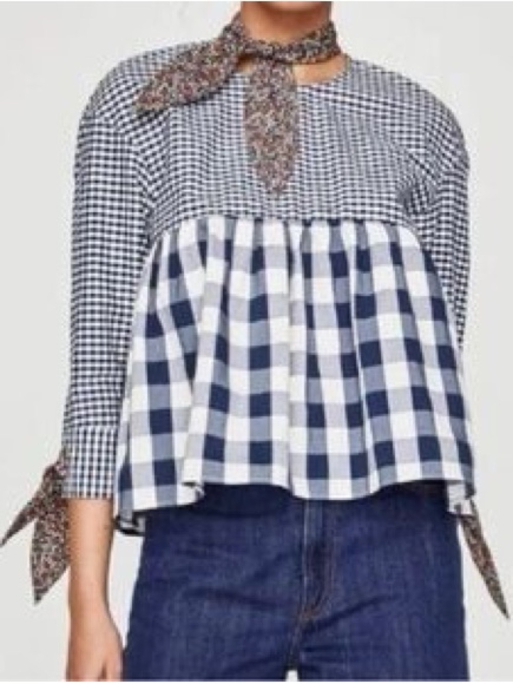 Zara Navy and White Gingham Mix-Paneled Blouse